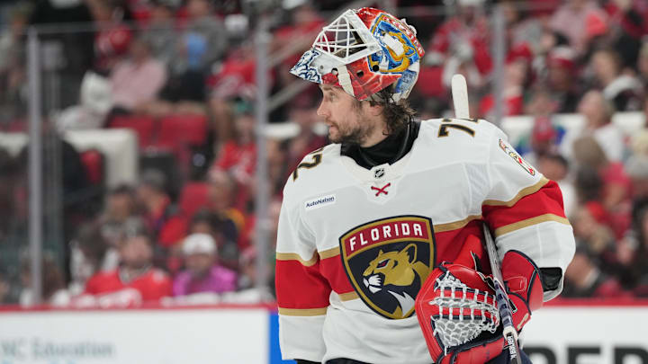 May 22, 2025; Raleigh, North Carolina, USA; Florida Panthers goaltender Sergei Bobrovsky (72) looks on during the second period against the Carolina Hurricanes in game two of the Eastern Conference Final of the 2025 Stanley Cup Playoffs at Lenovo Center. Mandatory Credit: James Guillory-Imagn Images May 22, 2025; Raleigh, North Carolina, USA; Florida Panthers goaltender Sergei Bobrovsky (72) looks on during the second period against the Carolina Hurricanes in game two of the Eastern Conference Final of the 2025 Stanley Cup Playoffs at Lenovo Center. Mandatory Credit: James Guillory-Imagn Images