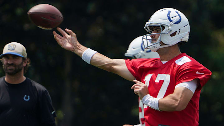 Indianapolis Colts quarterback Daniel Jones (17) throws the ball Tuesday, June 10, 2025, during NFL Colts mandatory mini camp at the Indiana Farm Bureau Football Center in Indianapolis. Indianapolis Colts quarterback Daniel Jones (17) throws the ball Tuesday, June 10, 2025, during NFL Colts mandatory mini camp at the Indiana Farm Bureau Football Center in Indianapolis.