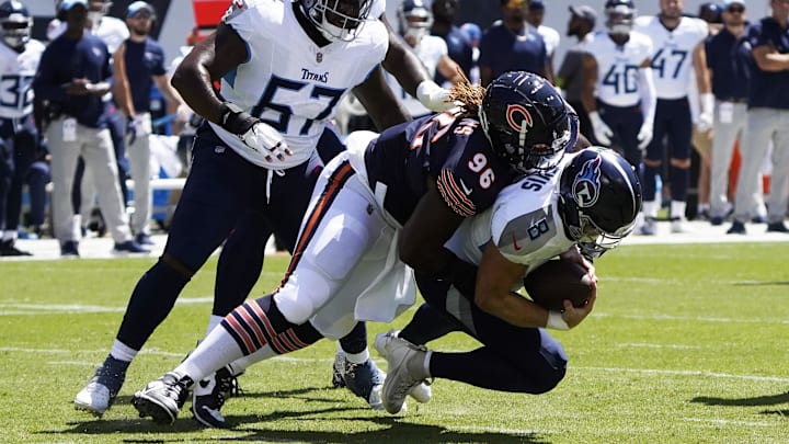 Aug 12, 2023; Chicago, Illinois, USA; Chicago Bears defensive tackle Zacch Pickens (96) sacks Tennessee Titans quarterback Will Levis (8) during the first quarter at Soldier Field. Mandatory Credit: David Banks-Imagn Images Aug 12, 2023; Chicago, Illinois, USA; Chicago Bears defensive tackle Zacch Pickens (96) sacks Tennessee Titans quarterback Will Levis (8) during the first quarter at Soldier Field. Mandatory Credit: David Banks-Imagn Images