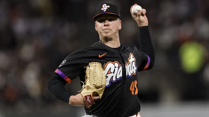 May 13, 2025; San Francisco, California, USA; San Francisco Giants relief pitcher Kyle Harrison (45) throws against the Arizona Diamondbacks during the seventh inning at Oracle Park May 13, 2025; San Francisco, California, USA; San Francisco Giants relief pitcher Kyle Harrison (45) throws against the Arizona Diamondbacks during the seventh inning at Oracle Park