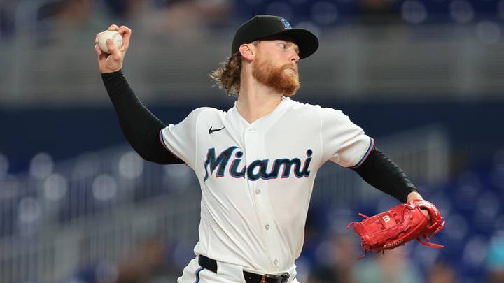 Jun 9, 2026; Miami, Florida, USA; Miami Marlins pitcher Max Meyer (23) delivers a pitch against the Arizona Diamondbacks during the first inning at loanDepot Park. Jun 9, 2026; Miami, Florida, USA; Miami Marlins pitcher Max Meyer (23) delivers a pitch against the Arizona Diamondbacks during the first inning at loanDepot Park.