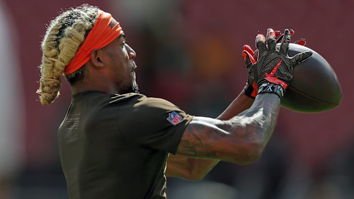Cleveland Browns wide receiver Isaiah Bond gets warmed up before an NFL football game at Huntington Bank Field, Sept. 21, 2025, in Cleveland, Ohio.