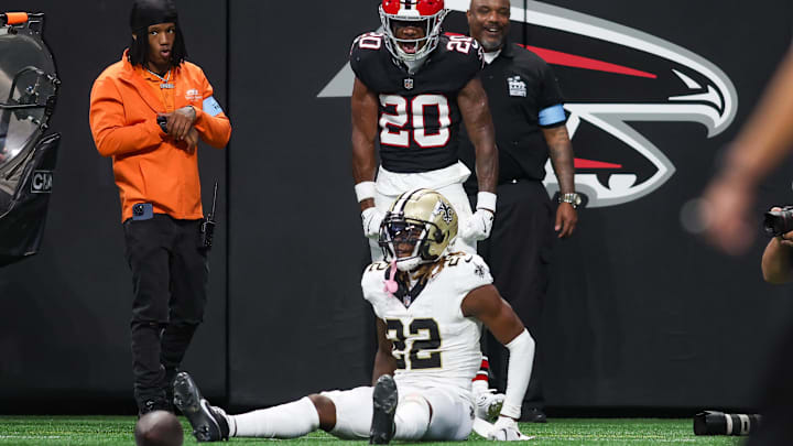 Sep 29, 2024; Atlanta, Georgia, USA; Atlanta Falcons cornerback Dee Alford (20) stands over New Orleans Saints wide receiver Rashid Shaheed (22) after a pass break up in the fourth quarter at Mercedes-Benz Stadium. Mandatory Credit: Brett Davis-Imagn Images
