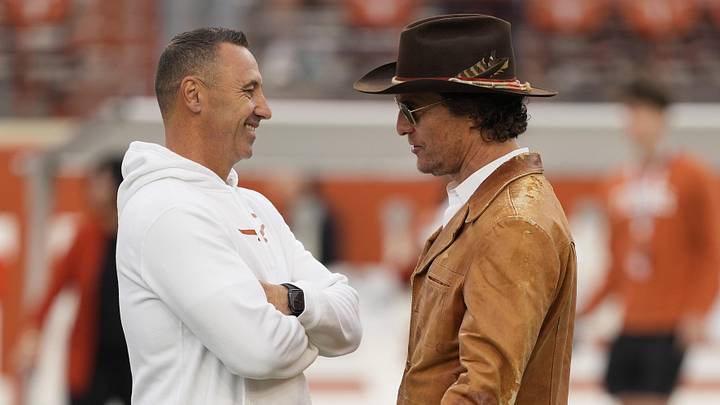 Nov 1, 2025; Austin, Texas, USA; Texas Longhorns head coach Steve Sarkisian and actor Matthew McConaughey.
