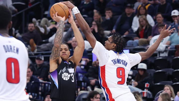 Mar 3, 2025; Salt Lake City, Utah, USA; Utah Jazz guard Keyonte George (3) has a shot blocked by Detroit Pistons forward Ausar Thompson (9) : Rob Gray-Imagn Images