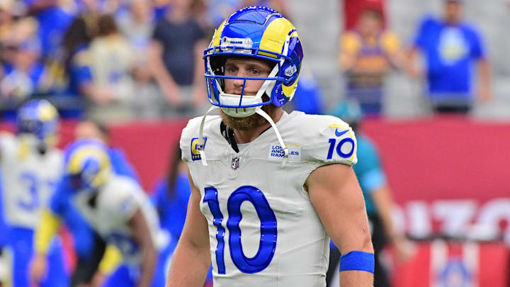Sep 15, 2024; Glendale, Arizona, USA; Los Angeles Rams wide receiver Cooper Kupp (10) prior to a game against the Arizona Cardinals at State Farm Stadium. Mandatory Credit: Matt Kartozian-Imagn Images Sep 15, 2024; Glendale, Arizona, USA; Los Angeles Rams wide receiver Cooper Kupp (10) prior to a game against the Arizona Cardinals at State Farm Stadium. Mandatory Credit: Matt Kartozian-Imagn Images