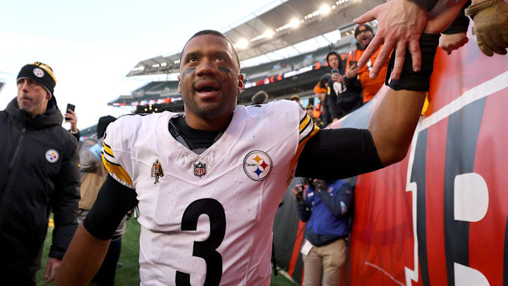 Dec 1, 2024; Cincinnati, Ohio, USA; Pittsburgh Steelers quarterback Russell Wilson (3) celebrates following the win against the Cincinnati Bengals at Paycor Stadium. Mandatory Credit: Joseph Maiorana-Imagn Images