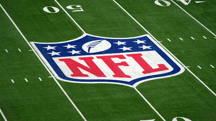 Oct 13, 2024; London, United Kingdom; The NFL shield logo at midfield before an NFL International Series game at Tottenham Hotspur Stadium. Mandatory Credit: Kirby Lee-Imagn Images