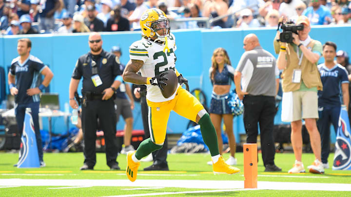 Sep 22, 2024; Nashville, Tennessee, USA; Green Bay Packers cornerback Jaire Alexander (23) scores on a pick six thrown by Tennessee Titans Will Levis (8) during the first half at Nissan Stadium. Mandatory Credit: Steve Roberts-Imagn Images Sep 22, 2024; Nashville, Tennessee, USA; Green Bay Packers cornerback Jaire Alexander (23) scores on a pick six thrown by Tennessee Titans Will Levis (8) during the first half at Nissan Stadium. Mandatory Credit: Steve Roberts-Imagn Images