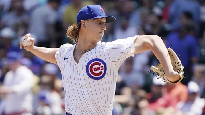 May 23, 2024; Chicago, Illinois, USA; Chicago Cubs pitcher Ben Brown (32) pitches against the Atlanta Braves during the first inning at Wrigley Field. Mandatory Credit: David Banks-USA TODAY Sports May 23, 2024; Chicago, Illinois, USA; Chicago Cubs pitcher Ben Brown (32) pitches against the Atlanta Braves during the first inning at Wrigley Field. Mandatory Credit: David Banks-USA TODAY Sports