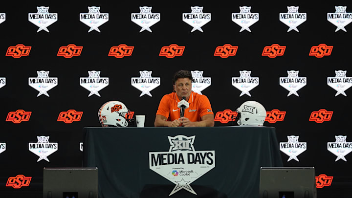 Jul 9, 2025; Frisco, TX, USA; Oklahoma State head coach Mike Gundy speaks with the media during 2025 Big 12 Football Media Days at The Star. Mandatory Credit: Raymond Carlin III-Imagn Images