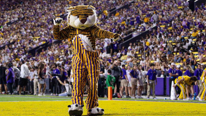 Sep 28, 2024; Baton Rouge, Louisiana, USA; LSU Tigers mascot Mike the Tiger performs during the second quarter against the South Alabama Jaguars at Tiger Stadium. 