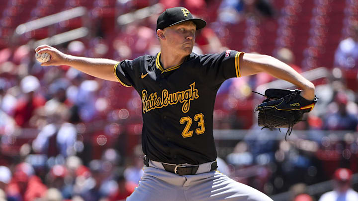 May 7, 2025; St. Louis, Missouri, USA;  Pittsburgh Pirates starting pitcher Mitch Keller (23) pitches against the St. Louis Cardinals during the first inning at Busch Stadium. Mandatory Credit: Jeff Curry-Imagn Images