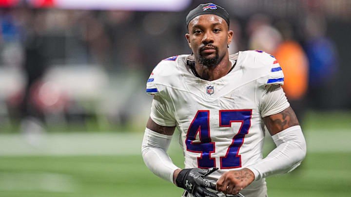 Buffalo Bills cornerback Christian Benford on the field against the Atlanta Falcons at Mercedes-Benz Stadium.