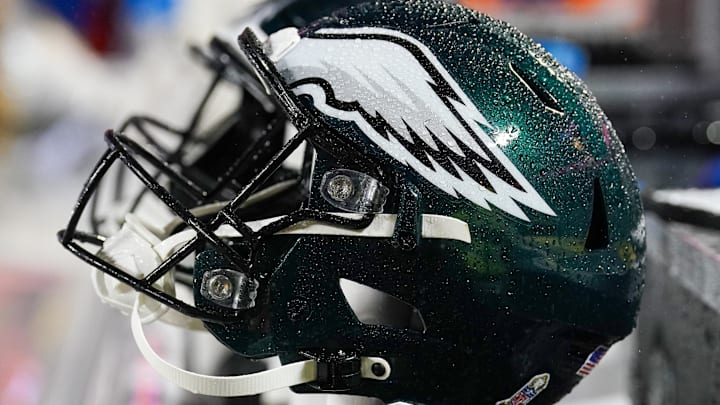 Nov 20, 2023; Kansas City, Missouri, USA; A general view of a Philadelphia Eagles helmet against the Kansas City Chiefs prior to a game at GEHA Field at Arrowhead Stadium. Mandatory Credit: Denny Medley-Imagn Images