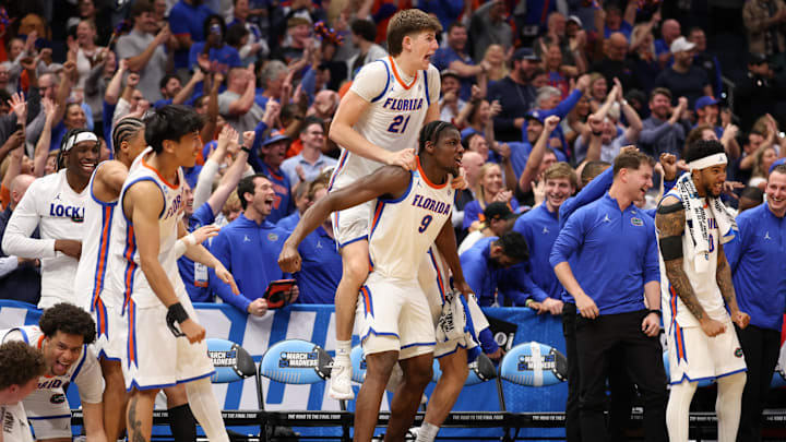 Mar 20, 2026; Tampa, FL, USA; Florida Gators bench reacts in the second half against the Prairie View A&M Panthers during a first round game of the men's 2026 NCAA Tournament at Benchmark International Arena. Mandatory Credit: Matt Pendleton-Imagn Images Mar 20, 2026; Tampa, FL, USA; Florida Gators bench reacts in the second half against the Prairie View A&M Panthers during a first round game of the men's 2026 NCAA Tournament at Benchmark International Arena. Mandatory Credit: Matt Pendleton-Imagn Images