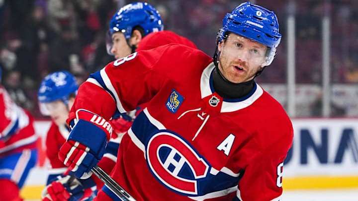 Oct 16, 2025; Montreal, Quebec, CAN; Montreal Canadiens defenseman Mike Matheson (8) looks on during warm-up before the game against the Nashville Predators at Bell Centre. Mandatory Credit: David Kirouac-Imagn Images