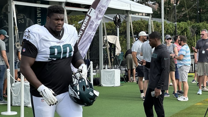 Eagles defensive tackle Jordan Davis takes the practice field during training camp. Eagles defensive tackle Jordan Davis takes the practice field during training camp.