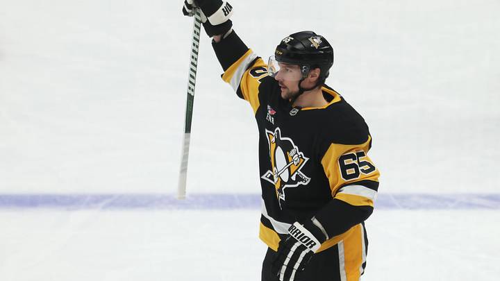 Mar 7, 2026; Pittsburgh, Pennsylvania, USA; Pittsburgh Penguins defenseman Erik Karlsson (65) reacts after scoring a goal against the Philadelphia Flyers during the second period at PPG Paints Arena. Mandatory Credit: Charles LeClaire-Imagn Images Mar 7, 2026; Pittsburgh, Pennsylvania, USA; Pittsburgh Penguins defenseman Erik Karlsson (65) reacts after scoring a goal against the Philadelphia Flyers during the second period at PPG Paints Arena. Mandatory Credit: Charles LeClaire-Imagn Images