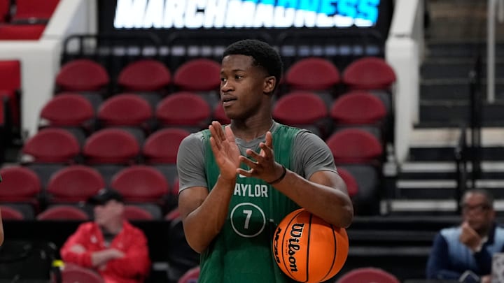 Mar 20, 2025; Raleigh, NC, USA; Baylor Bears guard VJ Edgecombe (7) reacts during practice at Lenovo Center. Mandatory Credit: Bob Donnan-Imagn Images