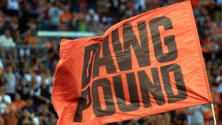 Aug 13, 2015; Cleveland, OH, USA; Dawg Pound flag after a touchdown during the first quarter of preseason NFL football game against the Washington Redskins at FirstEnergy Stadium. Mandatory Credit: Andrew Weber-Imagn Images