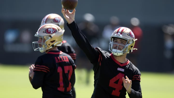 Jul 26, 2024; Santa Clara, CA, USA; San Francisco 49ers quarterback Brandon Allen (17) and quarterback Tanner Mordecai (4) drop to pass in drills during Day 4 of training camp at SAP Performance Facility. Mandatory Credit: D. Ross Cameron-USA TODAY Sports Jul 26, 2024; Santa Clara, CA, USA; San Francisco 49ers quarterback Brandon Allen (17) and quarterback Tanner Mordecai (4) drop to pass in drills during Day 4 of training camp at SAP Performance Facility. Mandatory Credit: D. Ross Cameron-USA TODAY Sports