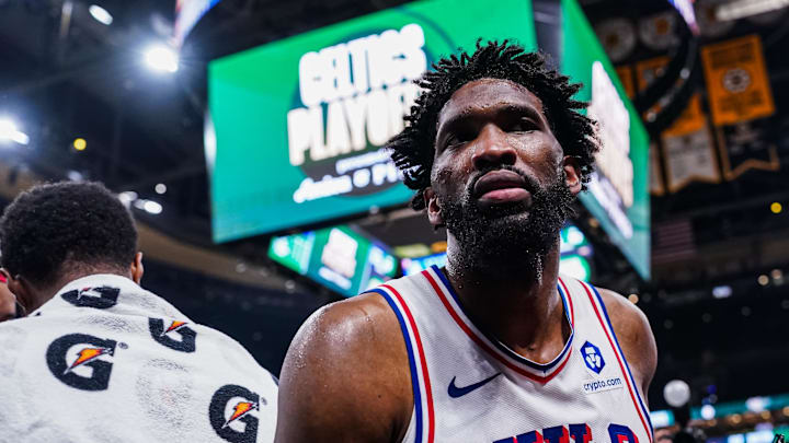 Apr 28, 2026; Boston, Massachusetts, USA; Philadelphia 76ers center Joel Embiid (21) exits the court after the game against the Boston Celtics in game five of the first round of the 2026 NBA Playoffs at TD Garden. Mandatory Credit: David Butler II-Imagn Images