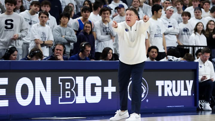 Penn State Nittany Lions head coach Mike Rhoades reacts from the bench during the first half against the Michigan State Spartans at Bryce Jordan Center. Penn State Nittany Lions head coach Mike Rhoades reacts from the bench during the first half against the Michigan State Spartans at Bryce Jordan Center.