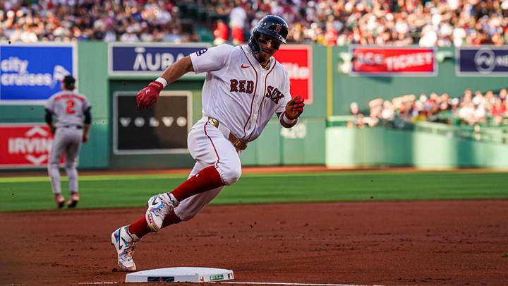 Jun 3, 2026; Boston, Massachusetts, USA; Boston Red Sox left fielder Jarren Duran (16) rounds third base to score against the Baltimore Orioles in the first inning at Fenway Park. Mandatory Credit: David Butler II-Imagn Images