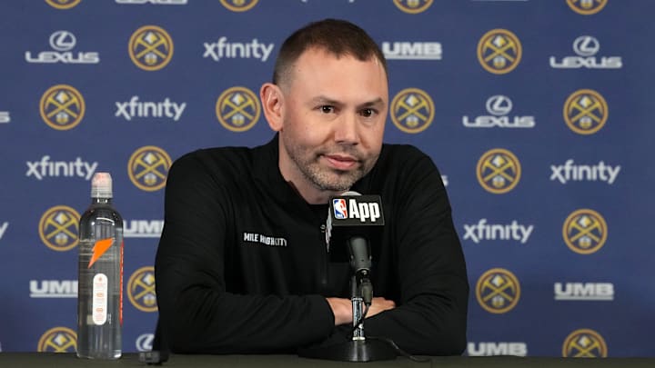 Feb 19, 2026; Inglewood, California, USA; Denver Nuggets head coach David Adelman at press conference at the Intuit Dome. Mandatory Credit: Kirby Lee-Imagn Images