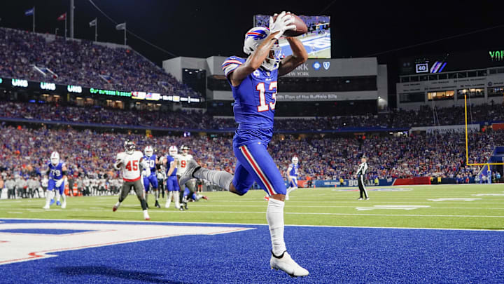Oct 26, 2023; Orchard Park, New York, USA; Buffalo Bills wide receiver Gabe Davis (13) makes a catch for a touchdown against the Tampa Bay Buccaneers Oct 26, 2023; Orchard Park, New York, USA; Buffalo Bills wide receiver Gabe Davis (13) makes a catch for a touchdown against the Tampa Bay Buccaneers
