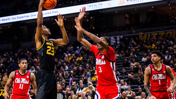 Aidan Shaw, Missouri forward, aims for a shot during a college basketball game against Ole Miss at Mizzou Arena on Mar. 2, 2024, in Columbia, Mo.