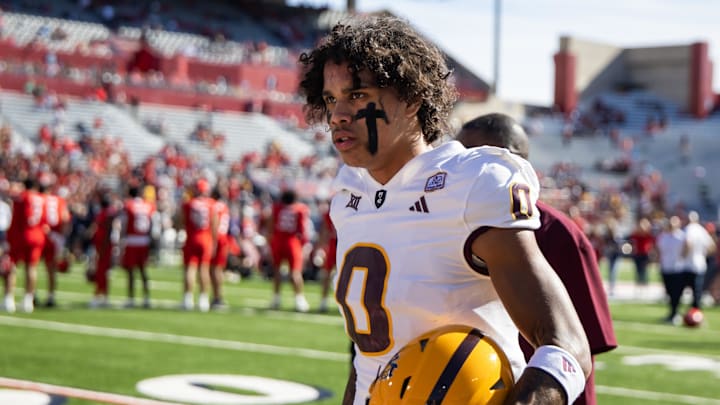 Nov 30, 2024; Tucson, Arizona, USA; Arizona State Sun Devils wide receiver Jordyn Tyson (0) against the Arizona Wildcats during the Territorial Cup at Arizona Stadium. Mandatory Credit: Mark J. Rebilas-Imagn Images