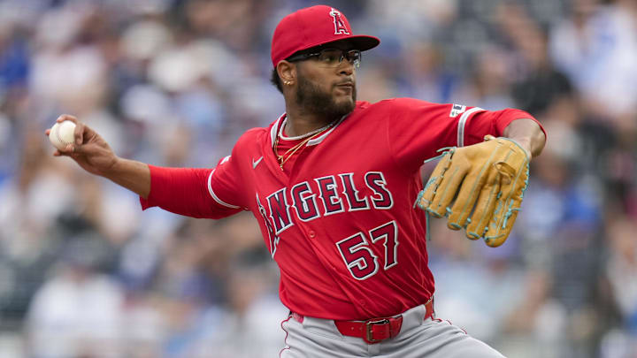 Apr 25, 2026; Kansas City, Missouri, USA; Los Angeles Angels pitcher Walbert Urena (57) pitches during the first inning against the Los Angeles Angels at Kauffman Stadium. Mandatory Credit: Jay Biggerstaff-Imagn Images