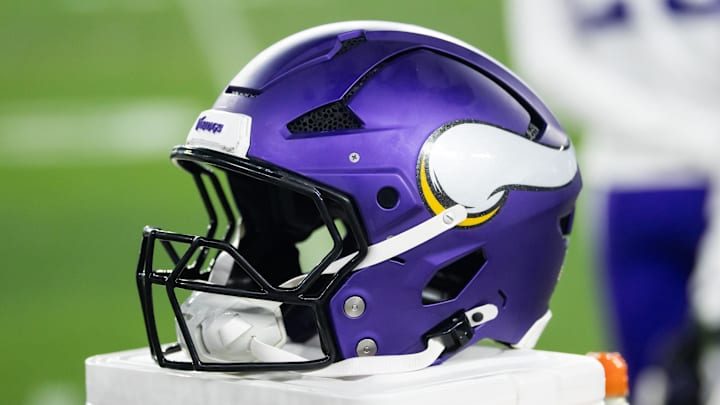 Detailed view of a Minnesota Vikings helmet during an NFC wild card game at State Farm Stadium.