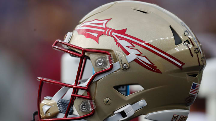 Nov 4, 2023; Pittsburgh, Pennsylvania, USA;  A Florida State Seminoles helmet on the sidelines against the Pittsburgh Panthers during the second quarter at Acrisure Stadium. Mandatory Credit: Charles LeClaire-Imagn Images