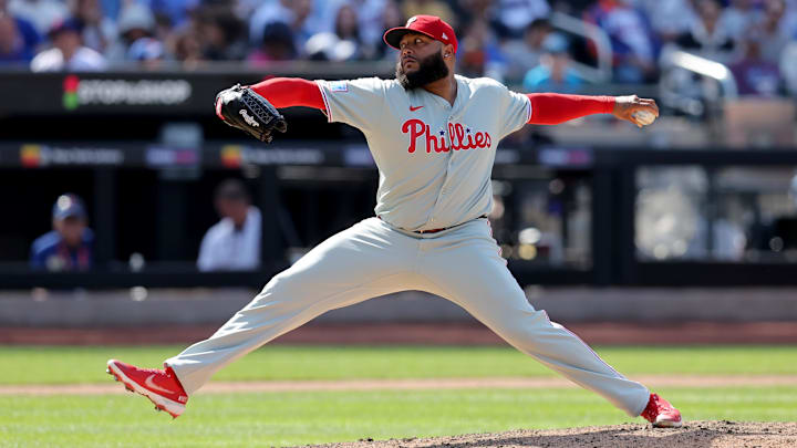 Apr 23, 2025; New York City, New York, USA; Philadelphia Phillies relief pitcher Jose Alvarado (46) pitches against the New York Mets during the eighth inning at Citi Field. Mandatory Credit: Brad Penner-Imagn Images