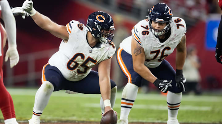 Nov 3, 2024; Glendale, Arizona, USA; Chicago Bears center Coleman Shelton (65) and guard Teven Jenkins (76) against the Arizona Cardinals at State Farm Stadium. Mandatory Credit: Mark J. Rebilas-Imagn Images