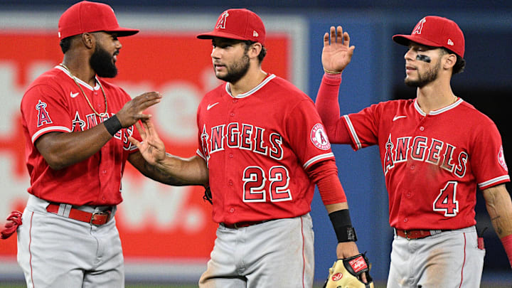 Aug 26, 2022; Toronto, Ontario, CAN;  Los Angeles Angels second baseman David Fletcher (22) and