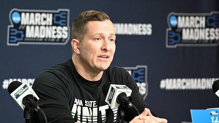 Mar 20, 2024; Omaha, NE, USA;  Iowa State Cyclones head coach T.J. Otzelberger talks with the media during the NCAA first round practice session at CHI Health Center Omaha.