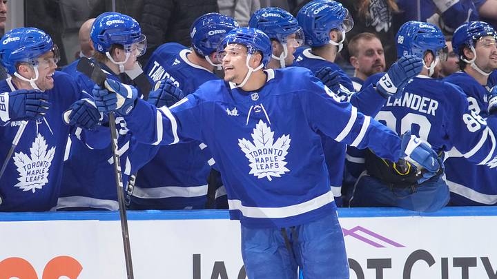 Mar 25, 2026; Toronto, Ontario, CAN; Toronto Maple Leafs forward Dakota Joshua (81) celebrates his goal against the New York Rangers during the second period at Scotiabank Arena. Mandatory Credit: John E. Sokolowski-Imagn Images