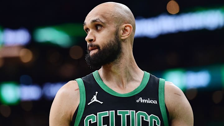 May 14, 2025; Boston, Massachusetts, USA; Boston Celtics guard Derrick White (9) in the first half during game five of the second round for the 2025 NBA Playoffs against the New York Knicks at TD Garden. Mandatory Credit: Bob DeChiara-Imagn Images May 14, 2025; Boston, Massachusetts, USA; Boston Celtics guard Derrick White (9) in the first half during game five of the second round for the 2025 NBA Playoffs against the New York Knicks at TD Garden. Mandatory Credit: Bob DeChiara-Imagn Images