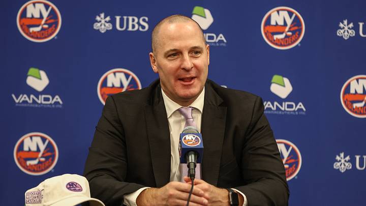 Nov 22, 2025; Elmont, New York, USA; New York Islanders General Manager Mathieu Darche speaks with fans at a pre-game event prior to the game against the St. Louis Blues at UBS Arena. Mandatory Credit: Wendell Cruz-Imagn Images