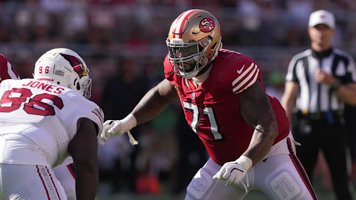 Oct 6, 2024; Santa Clara, California, USA; San Francisco 49ers offensive tackle Trent Williams (71) blocks Arizona Cardinals defensive tackle Naquan Jones (96) during the fourth quarter at Levi's Stadium. Mandatory Credit: Darren Yamashita-Imagn Images