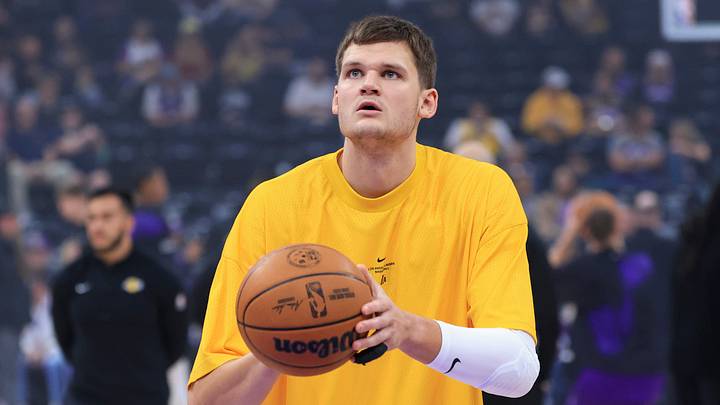 Oct 25, 2026; Salt Lake City, Utah, USA;  Los Angeles Lakers center Walker Kessler (14) warms up prior to a game against the Utah Jazz at Delta Center.  Mandatory Credit: Rob Gray-Imagn Images