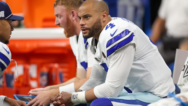 Dallas Cowboys quarterback Dak Prescott on the bench against the Atlanta Falcons in the fourth quarter.