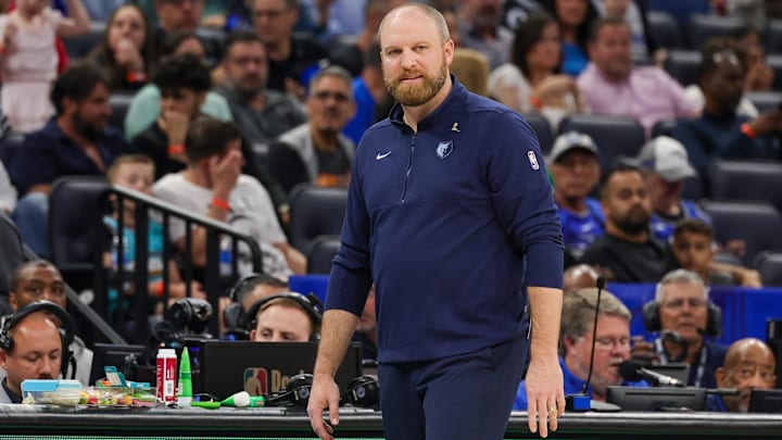 Mar 30, 2024; Orlando, Florida, USA; Memphis Grizzlies head coach Taylor Jenkins looks on during the