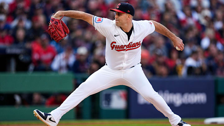 Cleveland Guardians pitcher Matthew Boyd (16) throws against Detroit Tigers during the first inning of Game 2 of ALDS at Progressive Field in Cleveland, Ohio on Monday, Oct. 7, 2024.
