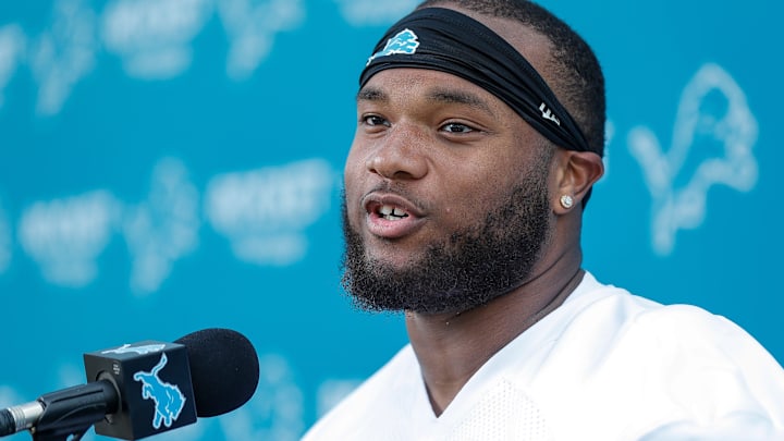 Detroit Lions defensive lineman Mekhi Wingo (94) speaks to media members during rookie minicamp at Detroit Lions headquarters and practice facility in Allen Park on Friday, May 10, 2024.