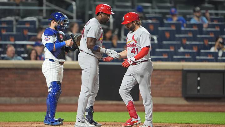 Jun 10, 2026; New York City, New York, USA; St. Louis Cardinals designated hitter Jordan Walker (18) congratulates St. Louis Cardinals first baseman Alec Burleson (41) for hitting a home run against the New York Mets during the ninth inning at Citi Field. Mandatory Credit: Gregory Fisher-Imagn Images Jun 10, 2026; New York City, New York, USA; St. Louis Cardinals designated hitter Jordan Walker (18) congratulates St. Louis Cardinals first baseman Alec Burleson (41) for hitting a home run against the New York Mets during the ninth inning at Citi Field. Mandatory Credit: Gregory Fisher-Imagn Images
